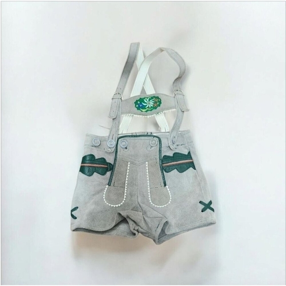 80s Leather Lederhosen Brown/Grey with Green and Red Leather Piping Details - Picture 2 of 9